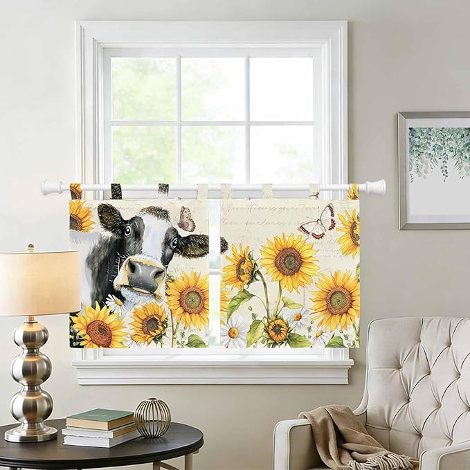 Yellow Sunflowers Kitchen Curtains 24 Inch Length, Small Window Curtains Tab Top, Country Cow Flower Butterfly Farmhouse Cream Light Filtering Short Window Treatments Tier Drapes 27.5"x24" 2 Panel