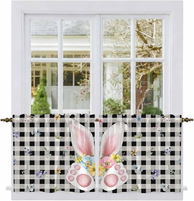 Easter Kitchen Tier Curtains 36 Inch Long 2 Panel Set,Rod Pocket Half Window Curtains Over Sink,Spring Rabbits Ears Feet Wildflowers Black Plaid Light Filtering Short Drapes Cafe 27.5"W x 36"L
