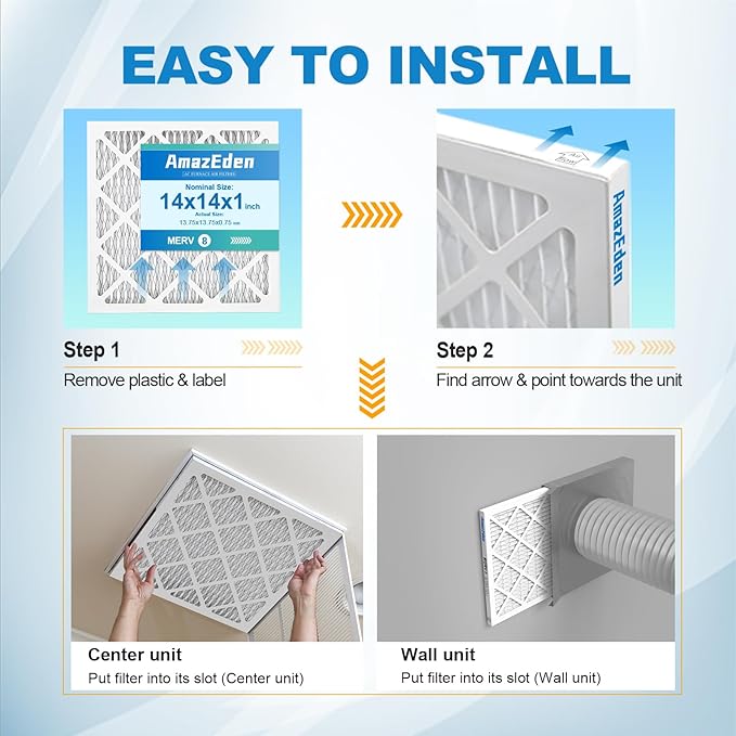 14x14x1 Air Filter 2 Pack (MERV 8) AC Furnace Air Filters 14x14 Pleated Dust Defense Air Conditioner Replacement Filters Home Office MPR 600 FPR 5 (Actual Size: 13.75x13.75x0.75 Inches)