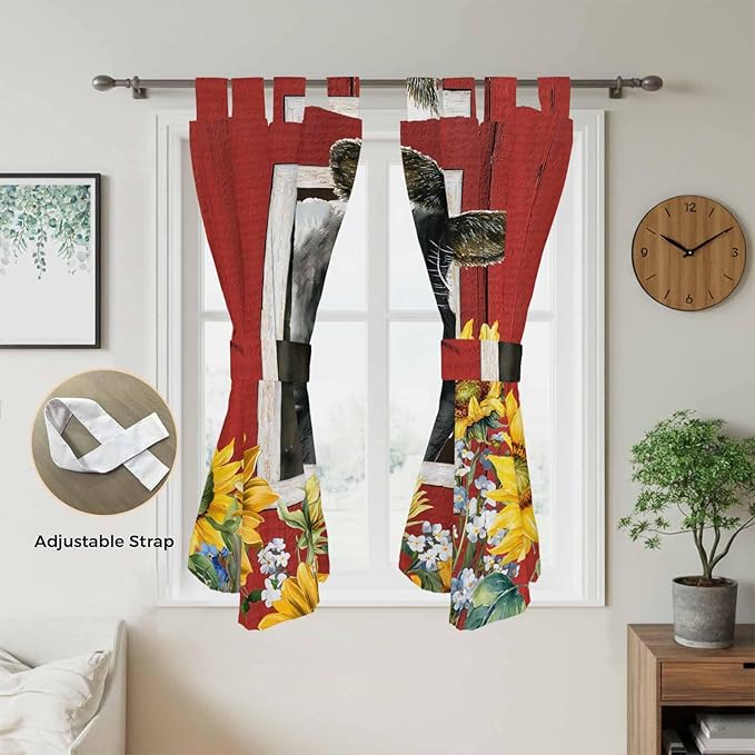 Cows Sunflowers Bedroom Curtains 72 Inch Length, Window Curtains Tab Top, Spring Botanical Floral Bees Red Barn Light Filtering Window Treatments Drapes 52"x72" 2 Panel