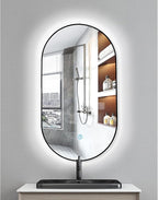 Oval LED Illuminated Bathroom Mirror, Wall-mounted Vanity Makeup Mirror with Demister Pad, 3 Dimmable Color Temperatures & Touch Control, Metal Frame Anti-Fog Lighted Wall Mirror ( Color : Black Frame