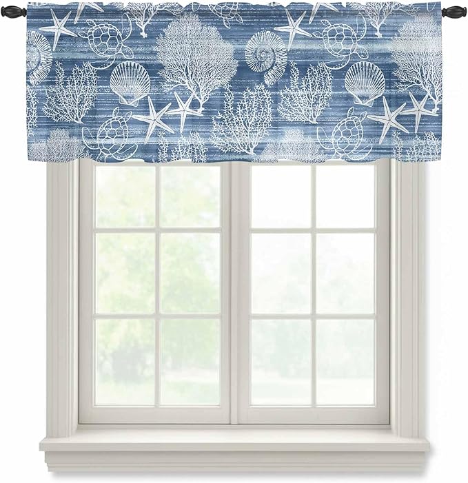 Navy Blue Retro Summer Sheer Valance Curtains, Sea Turtle Starfish Coral Ocean Light Filtering Kitchen Valances Rod Pocket Voile Curtain Window Treatment for Bedroom/Living Room/Basement 60Wx18L