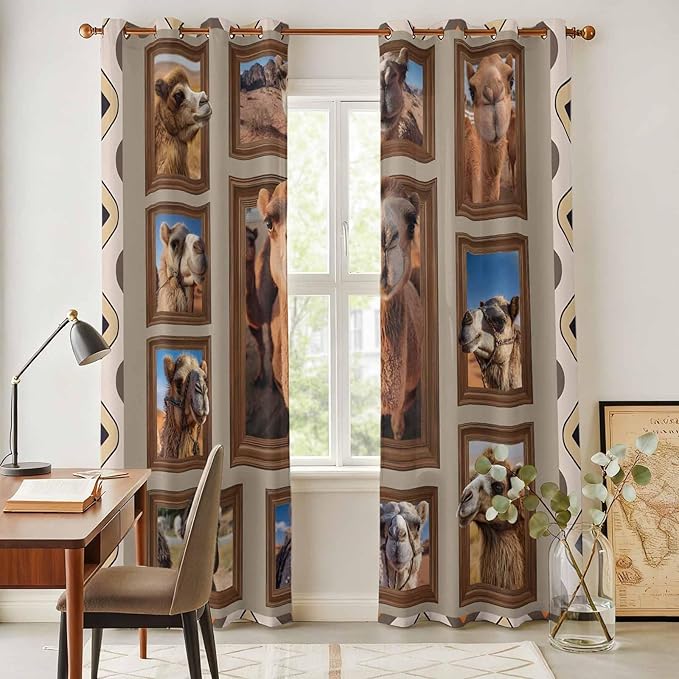 2 Panel Kitchen Cafe Curtains, Desert Camels Sunlight Filtering Nature Air Through, Home Decor Window Covering Tier Curtains for Living Room 104W x 96L inch Western Wildlife Brown Animals Country