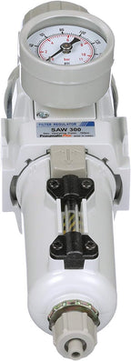 PneumaticPlus SAW300-N03BG-MEP Compressed Air Filter Regulator Piggyback Combo 3/8" NPT - Metal Bowl, Manual Drain, Bracket, Gauge