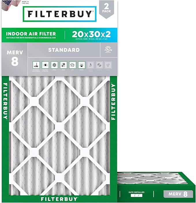 Filterbuy 20x30x2 Air Filter MERV 8 Essential Dust & Allergy Defense (2-Pack), Electrostatic Pleated HVAC AC Furnace Filters Replacement, Made in USA (Actual Size: 19.75 x 29.75 x 1.75)