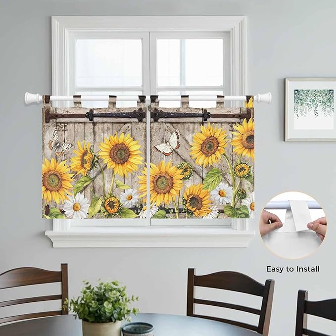 Farmhouse Sunflowers Kitchen Curtains 36 Inch Length, Small Window Curtains Tab Top, Rustic Barn Doors Flowers Butterfly Wooden Light Filtering Short Window Treatments Tier Drapes 27.5"x36" 2 Panel