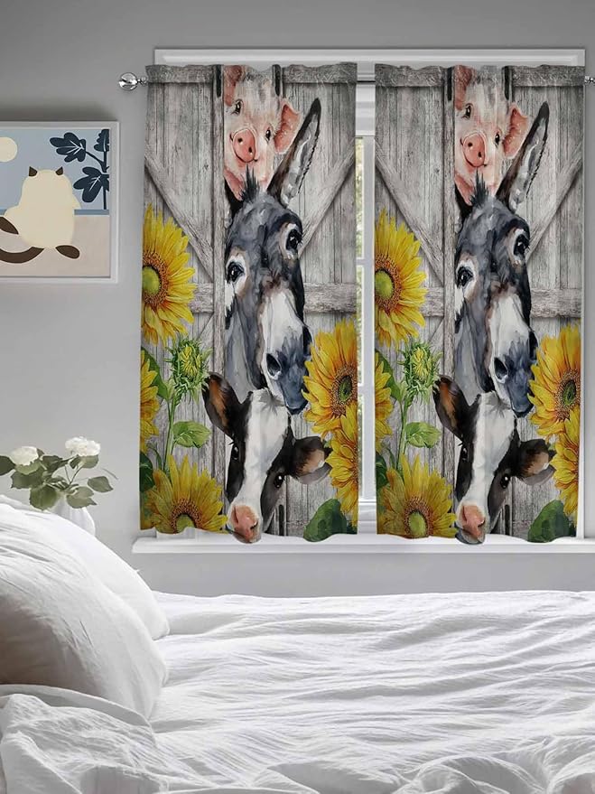 Farmhouse Bedroom Curtains 63 Inches length, Vintage Sunflowers Animals Printed Wood Grain Window Treatment Curtain Drapes, Rod Pocket Curtain Panels for Living Room Kitchen, 42"x63", 2 Panels