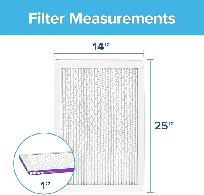 Filtrete 14x25x1 AC Furnace Air Filter, MERV 12, MPR 1500, CERTIFIED asthma & allergy friendly, 3 Month Pleated 1-Inch Electrostatic Air Cleaning Filter, 2-Pack (Actual Size 13.81x24.81x0.78 in)