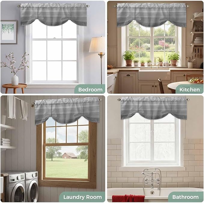 Grey Ombre Wooden Tie Up Valance Curtains for Windows, Kitchen Curtains Window Shades, Farmhouse Retro Gray Wood Gradient Light Filtering Roman Curtain Valances for Bedroom/Bathroom/Cafe 42"x18"