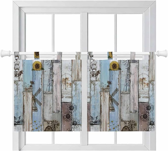 Blue Grey Wooden Kitchen Curtains 24 Inch Length, Small Window Curtains Tab Top, Farmhouse Barn Sunflowers Retro Light Filtering Short Window Treatments Tier Drapes 27.5"x24" 2 Panel