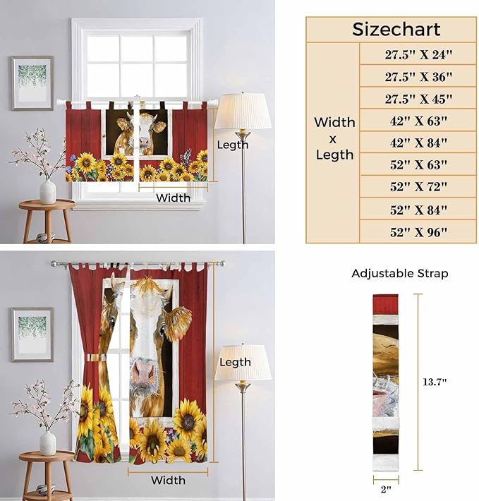 Cows Sunflowers Bedroom Curtains 63 Inch Length, Window Curtains Tab Top, Spring Floral Bees Farmhouse Barn Light Filtering Window Treatments Drapes 42"x63" 2 Panel