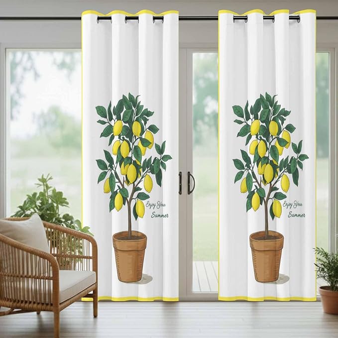 Lemons Outdoor Curtains for Patio Summer Fruit Lemon Tree Waterproof Outside Curtains with Grommet Top Weatherproof Curtain for Cabana Pergola Gazebo, 1 Panel, 54" W x 95" L