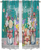 Spring Flowers Kitchen Curtains, Farmhouse Watercolor Teal Wood Grain Light Filtering Window Curtain Panels, 2Pcs Rod Pocket Window Treatments Set for Living Room Bathroom Bedroom 52x72 Inches