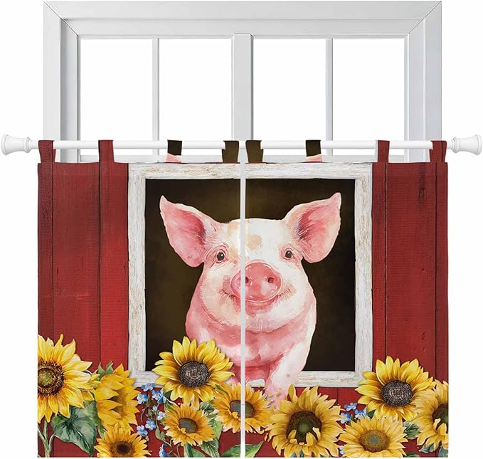 Pigs Sunflowers Bedroom Curtains 63 Inch Length, Window Curtains Tab Top, Farmhouse Red Barn Flowers Animals Light Filtering Window Treatments Drapes 42"x63" 2 Panel