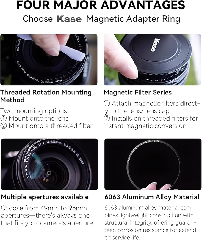 Kase 72mm Magnetic Adapter Ring, Aviation Aluminum 0.5s Snap-On Frame for CPL/ND/UV Filters, No Light Leak & Vignette, Ultra-Thin Stackable for DSLR Mirrorless Wide-Angle Vlog