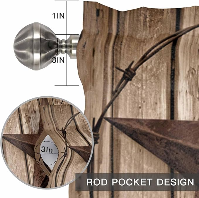 Vintage Texas Star Valances for Windows, Brown Wood Grain Wire Kitchen Valance Light Filtering Rod Pocket Short Curtains for Kitchen Bathroom, 1 Panel, 42"x12"