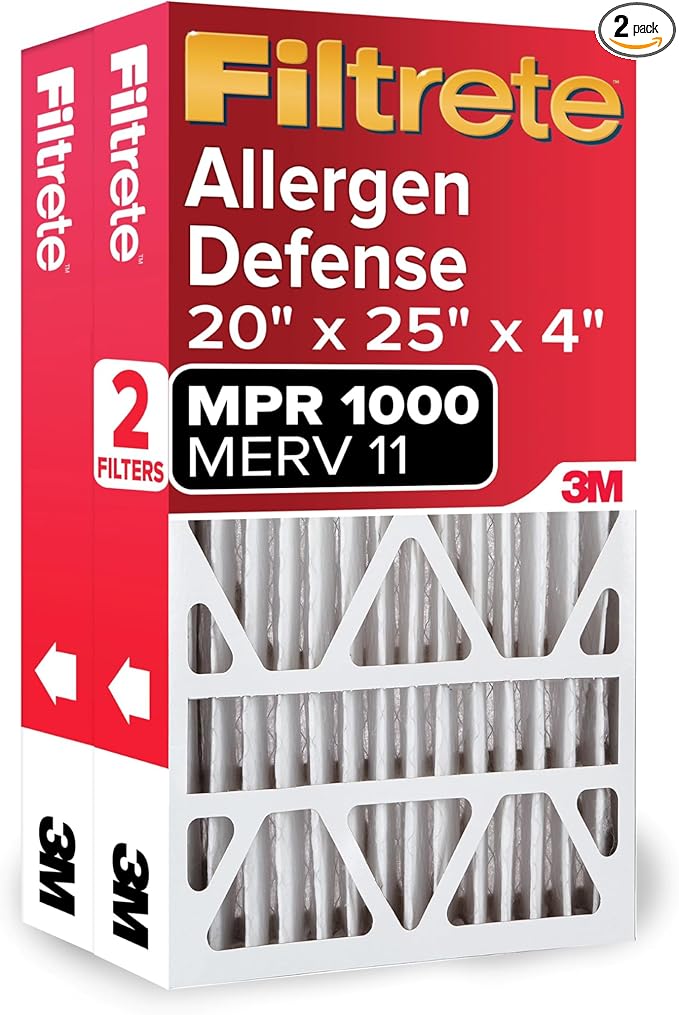 Filtrete 20x25x4 AC Furnace Air Filter, MPR 1000, MERV 11, Fits Honeywell & AprilAire, Allergen Defense, Electrostatic, 2-Pack. CHANGE YOUR FILTER OFTEN: Replace every 12 months