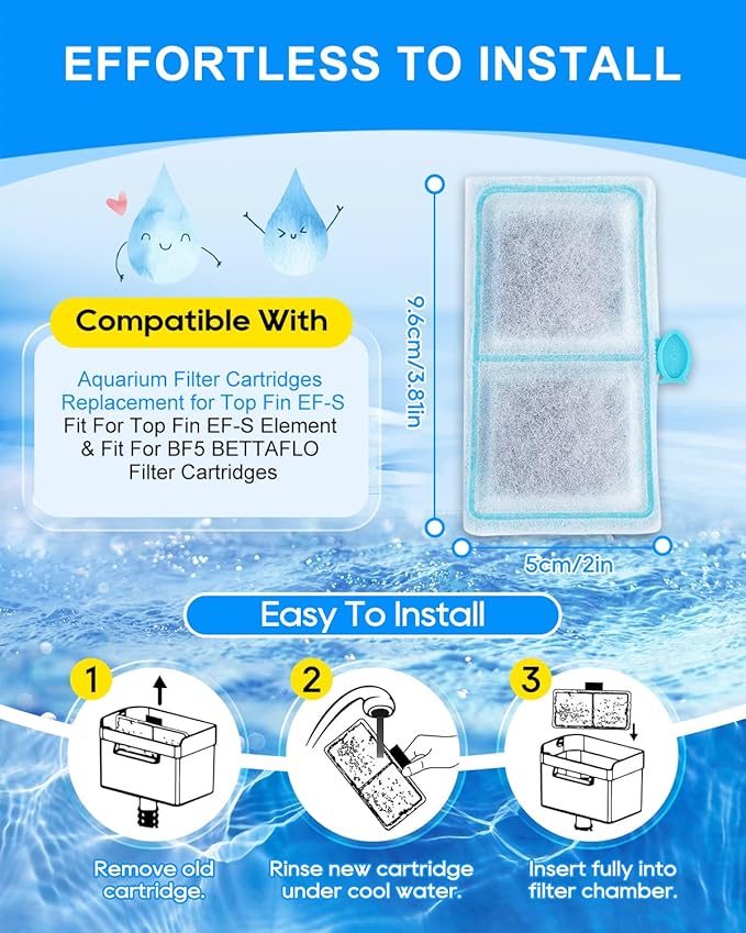 6 Pack Upgraded EF-S Fish Tank Filters Compatible with Top Fin EF-S Filter Cartridges, Aquarium Fish Filters for BF5 BETTAFLO, Filter Cartridge Compatible with Top Fin Aquarium