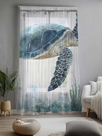 Sheer Curtains 84 Inches Long, Sea Turtle Teal Blue Semi Sheer Curtains Light Filtering Window Treatment, Summer Coastal Ocean Wood Grain Privacy Voile Drapes for Living Room Bedroom 52x84 Inch