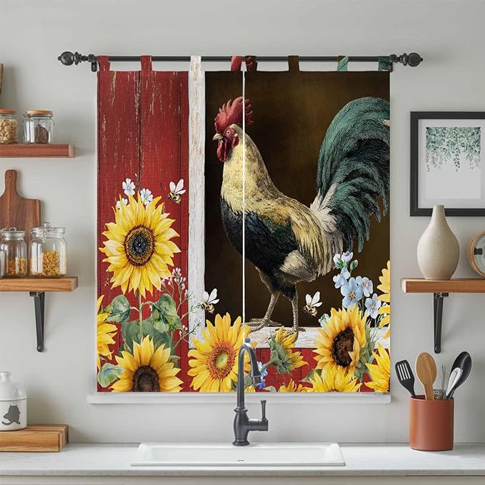 Chicken Sunflowers Living Room Curtains 84 Inch Length, Window Curtains Tab Top, Farmhouse Animals Red Barn Bees Light Filtering Window Treatments Drapes 42"x84" 2 Panel