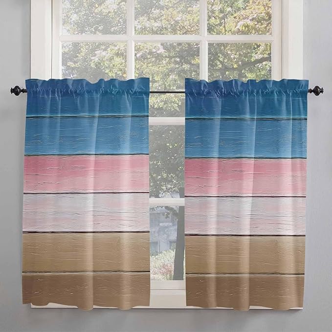 Blue Pink Brown Gradient Wood Grain Window Valance Curtains, Vintage Wood Board Light Filtering Kitchen Valance with 3-inch Rod Pocket for Living Room Bathroom Bedroom,2 Panel,52x54In