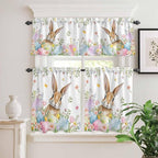 Kitchen Curtains Tiers and Valance Set of 3, Easter Light Filtering Window Curtain Set, Spring Rabbit Colorful Eggs Budding Florals Leaf Rod Pocket Curtain Drapes for Living Room, 36 Inches Tiers