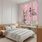 Easter Kitchen Curtains, Spring Rabbit Eggs Flowers Flags Leaves Wood Grain Light Filtering Window Curtain Panels, 2Pcs Rod Pocket Window Treatments Set for Living Room Bathroom Bedroom 42x63 Inches