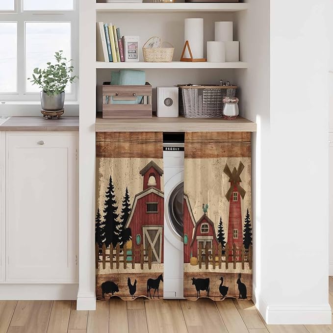 Brown Farmhouse Tier Curtains, Vintage Country Animals Wooden Grain Light Filtering Kitchen Curtains, 2Pcs Rod Pocket Half Window Treatments Panels for Sink Cafe Cabinet Basement 27.5x45 Inches