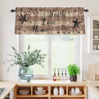 Kitchen Curtains Tiers and Valance Set of 3, Farmhouse Star Brown Light Filtering Window Curtain Set, Retro Branches Berry Wooden Grain Rod Pocket Curtain Drapes for Cafe, Living Room, 36 Inches Tiers