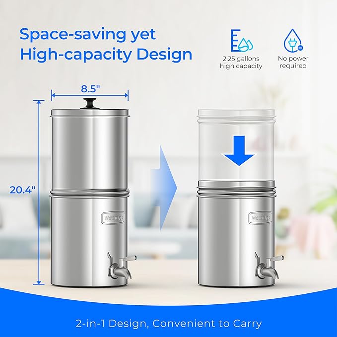 Waterdrop Gravity Water Filter, 2.25G Stainless-Steel System with Silver Ions Enhanced Filtration with 2 Black Carbon Filters, NSF/ANSI 42&372 Standard, Reduces Chlorine for Emergencies