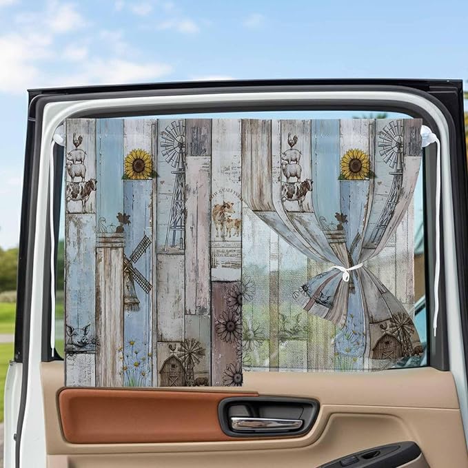 Blue Grey Wooden Magnetic Double Layer Car Window Shades,Side Window Curtains for Blackout/Breathable Mesh View,Farmhouse Barn Sunflowers Retro Privacy Sun Shades for Heat/UV Protection 26x20in 2pcs