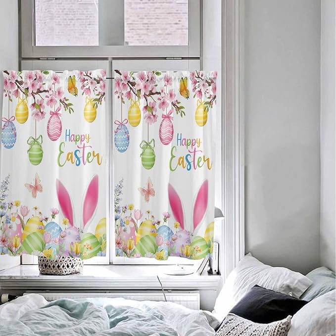 Happy Easter Tier Curtains 45 Inches Long, Spring Watercolor Bunny Eggs Flower Branch Window Treatment Curtain Drapes, Small Curtain Drapes for Bathroom Laundry Room, 27.5"x45", 2 Panels