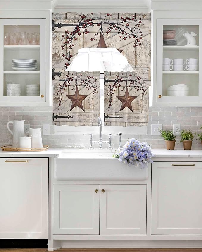 Village Stars Swag Kitchen Curtains Valance and Tier Set, Vintage Rust Yellow Star Berry Beige Barn Doors Light-Filtering Swag Valance 36 Inch Length, Rod Pocket Short Curtain for Bedroom Cafe