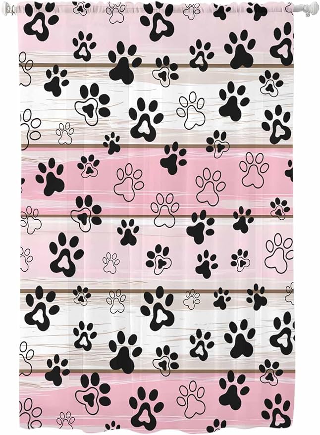Sheer Curtains 72 Inches Long, Pink Beige Paw Print Semi Sheer Curtains Light Filtering Window Treatment, Vintage Farmhouse Country Wooden Grain Privacy Voile Drapes for Living Room Bedroom 52x72 Inch