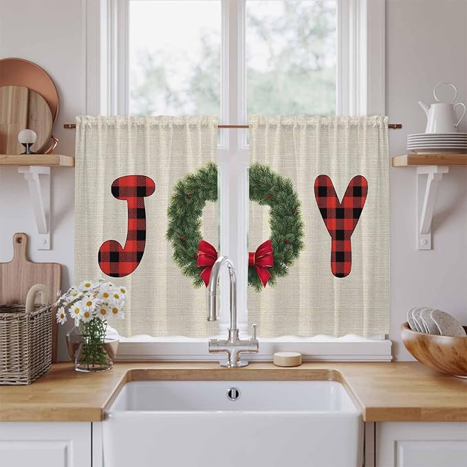 Red Green Christmas Kitchen Curtains 45 Inch Long 2 Panel Set, Rod Pocket Window Treatment, Farmhouse Xmas Botanical Winter Light Filtering Panels Short Drapes for Bathroom Camper 42"W x 45"L