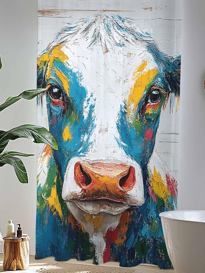 Sheer Curtains 84 Inches Long, Rustic Cow Semi Sheer Curtains Light Filtering Window Treatment, Vintage Colorful Animals Art Wooden Grain Privacy Voile Drapes for Living Room Bedroom 52x84 Inch