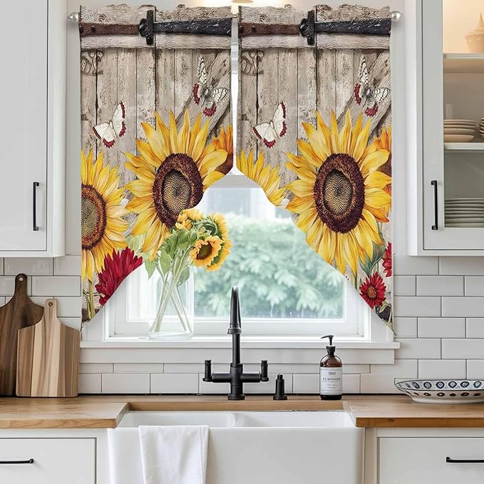 Sunflowers Swag Valances for Windows, Retro Flower Barn Doors Butterfly Farmhouse Brown Rod Pocket Kitchen Curtains Valance, Kitchen Window Curtains Swag for Cafe Living Room, 2 Panels, 36x63 inch