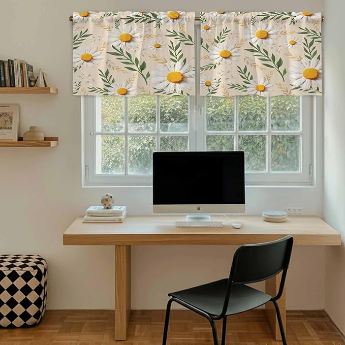 Spring Daisy Tier Curtains, Country Watercolor Flower Leaf Plant Light Filtering Kitchen Curtains, 2Pcs Rod Pocket Half Window Treatments Panels for Sink Cafe Cabinet Camper 27.5x36 Inches