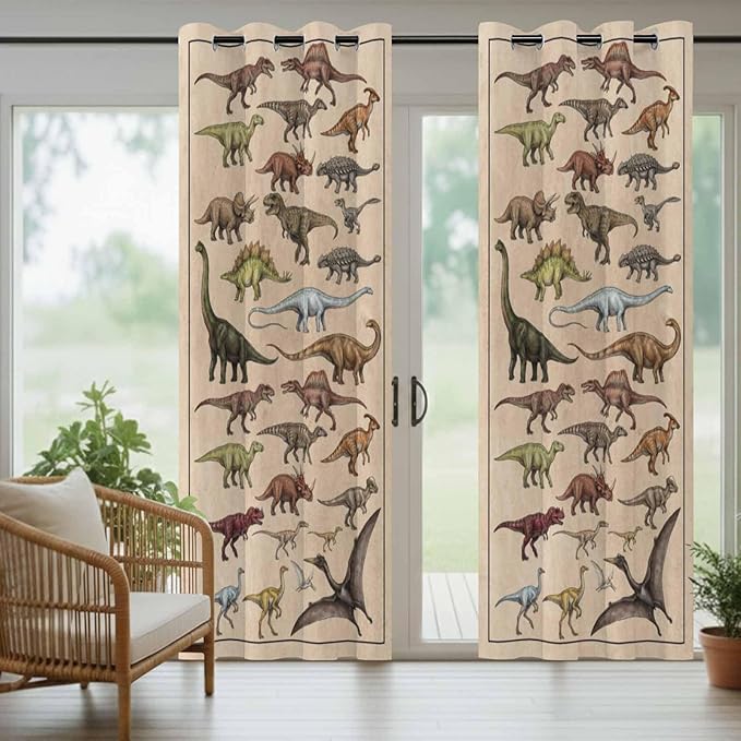 Vintage Outdoor Curtains for Patio Dinosaurs Biographies Retro Waterproof Outside Curtains with Grommet Top Weatherproof Curtain for Cabana Pergola Gazebo, 1 Panel, 54" W x 84" L