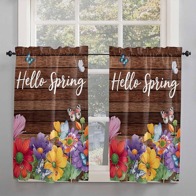 Spring Flowers Kitchen Curtains 45 Inches length, Watercolor Farmhouse Colorful Wooden Grain Window Treatment Curtain Drapes, Lightweight Window Panels for Living Room Bedroom, 52"x45", 2 Panels