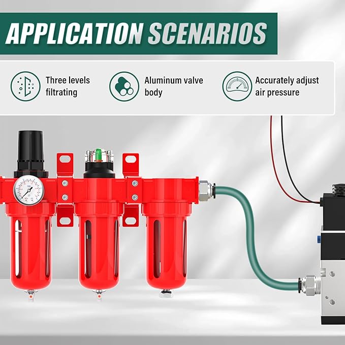 Industrial Grade Three-Stage Air Drying System, 0-150 PSI, 1/2 Inch NPT, Aluminum Alloy, with Particulate Filter, Coalescing Filter, Desiccant Dryer, and Air Regulator (Manual Drainage)