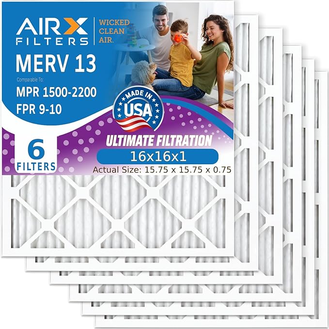 AIRX FILTERS WICKED CLEAN AIR. 16x16x1 Air Filter MERV 13 Electrostatic Pleated Air Conditioner Filter 6 Pack HVAC AC Furnace Filters