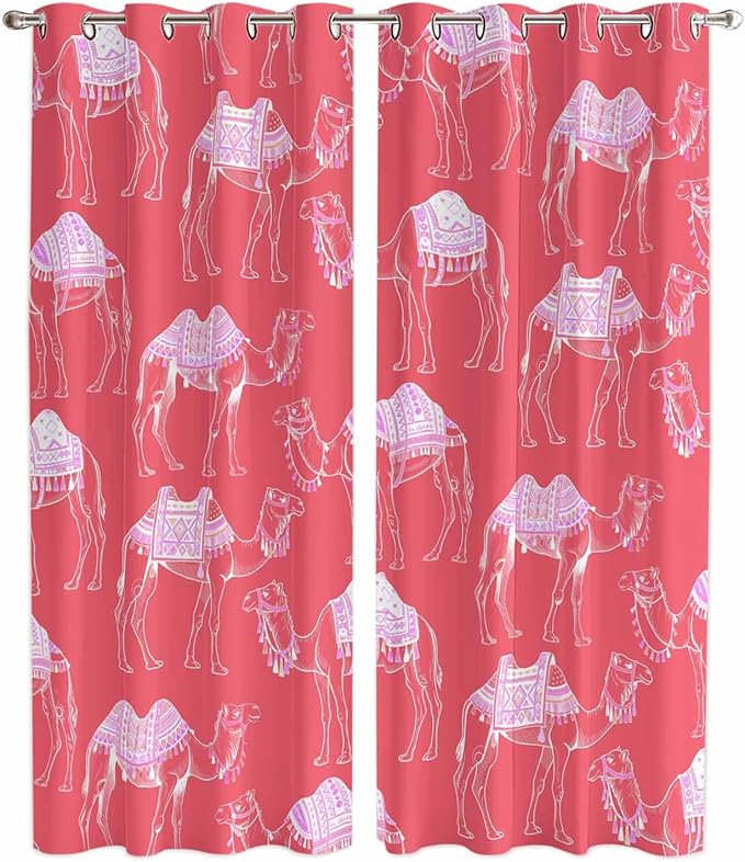2 Panel Kitchen Cafe Curtains, Desert Camel Sunlight Filtering Nature Air Through, Home Decor Window Covering Tier Curtains for Living Room 104W x 96L inch Summer Sand Camel Animal Vintage Pink