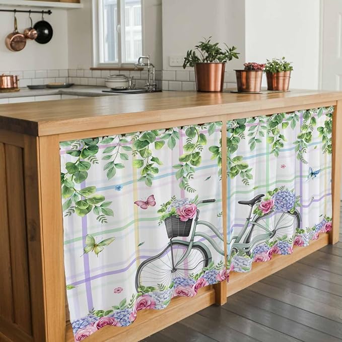 Spring Tier Curtains, Bicycles Botanical Leaves Rose Colorful Stripes Light Filtering Kitchen Curtains, 2Pcs Rod Pocket Half Window Treatments Panels for Sink Cafe Cabinet Camper 27.5x24 Inches