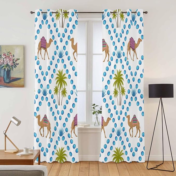2 Panel Kitchen Cafe Curtains, Camels Palm Trees Sunlight Filtering Nature Air Through, Home Decor Window Covering Tier Curtains for Living Room 104W x 90L inch Tropical Desert Animal Plants Polka Dot