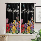 Spring Flowers Bedroom Curtains 63 Inches length, Watercolor Country Colorful Floral Black Window Treatment Curtain Drapes, Rod Pocket Curtain Panels for Living Room Kitchen, 42"x63", 2 Panels