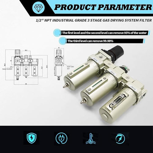1/2" NPT Industrial Grade 3 Stage Drying System Filter, Coalescing Filter, Desiccant Dryer, Auto Drain, Compatible with Paint Spray, Plasma Cutter (1/2" NPT)
