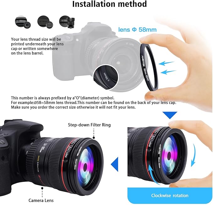 58mm Lens to 55mm Camera Lens Adapter,58mm-55mm Filter Step-Down Ring,Compatible All 55mm Filter Accessory.Made from CNC Machined