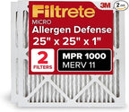 Filtrete 25x25x1 AC Furnace Air Filter, MERV 11, MPR 1000, Micro Allergen Defense, 3-Month Pleated 1-Inch Electrostatic Air Cleaning Filter, 2 Pack (Actual Size 24.688 x 24.688 x 0.813 in)