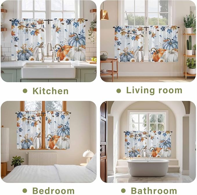Fall Blue Maple Kitchen Curtains 54 Inch Long 2 Panel Set,Rod Pocket Window Curtains Panels,Thanksgiving Pumpkins Daisy Country Leaves Light Filtering Privacy Draperies for Bedroom Laundry 42"W x 54"L